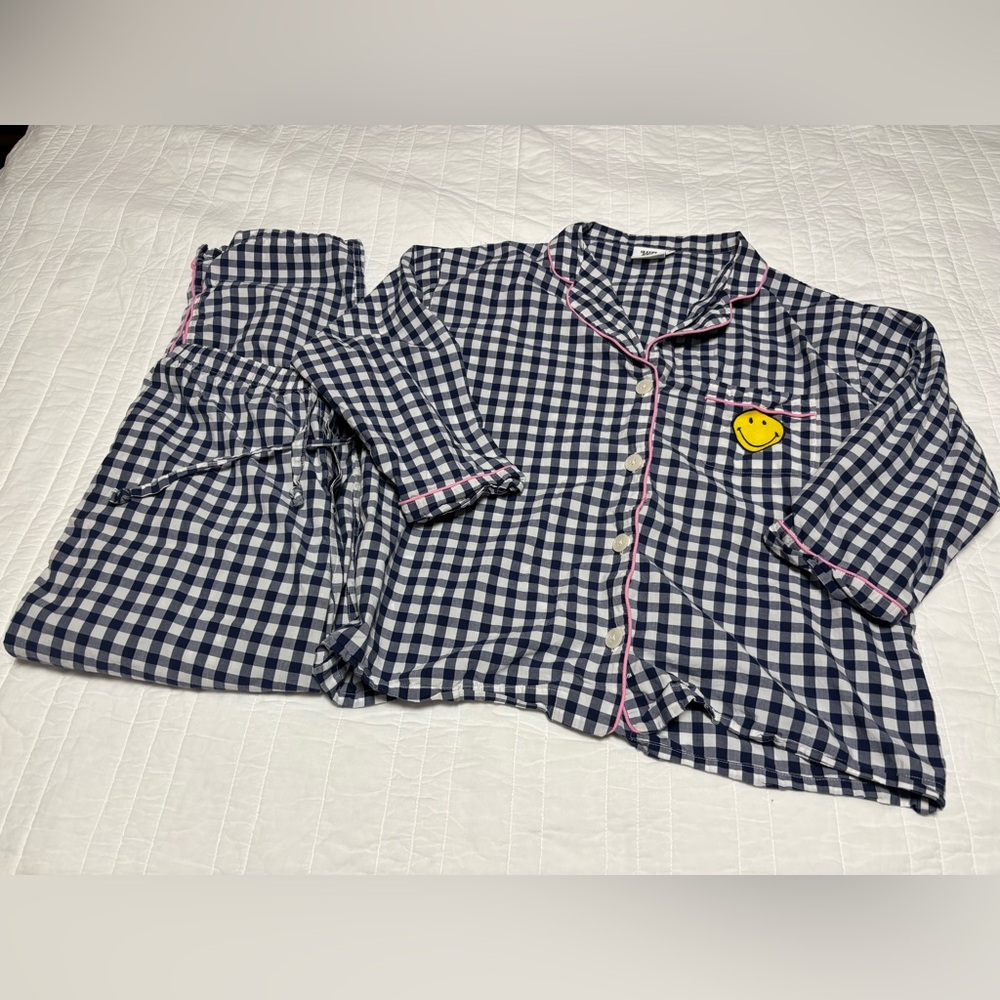 Sleepy Jones x Smiley Marina Cotton Navy Plaid Pants Pajama Set Medium
